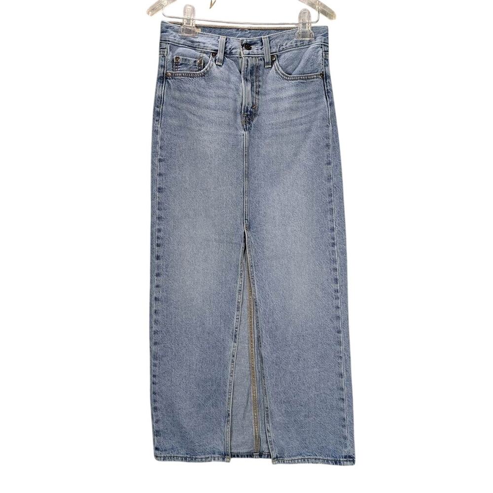 Levis Premium Skirt Womens 24 Big E Light Blue Denim Long Front Slit Frayed